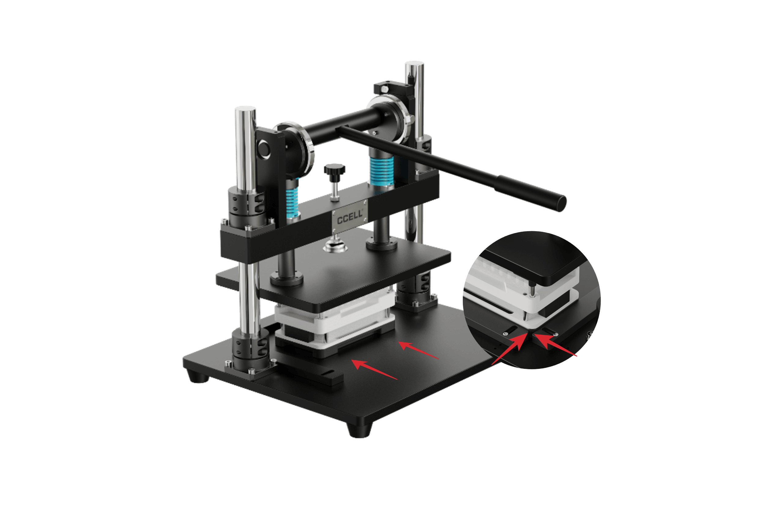 2. Slide the Fixture into the Arbor Press until it's against the rails.